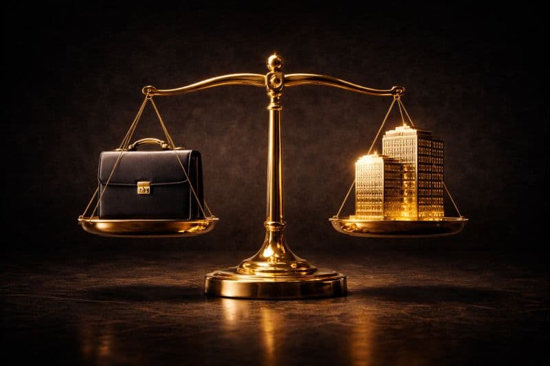 Balansvåg som jämför eget företag med anställning för karriärval