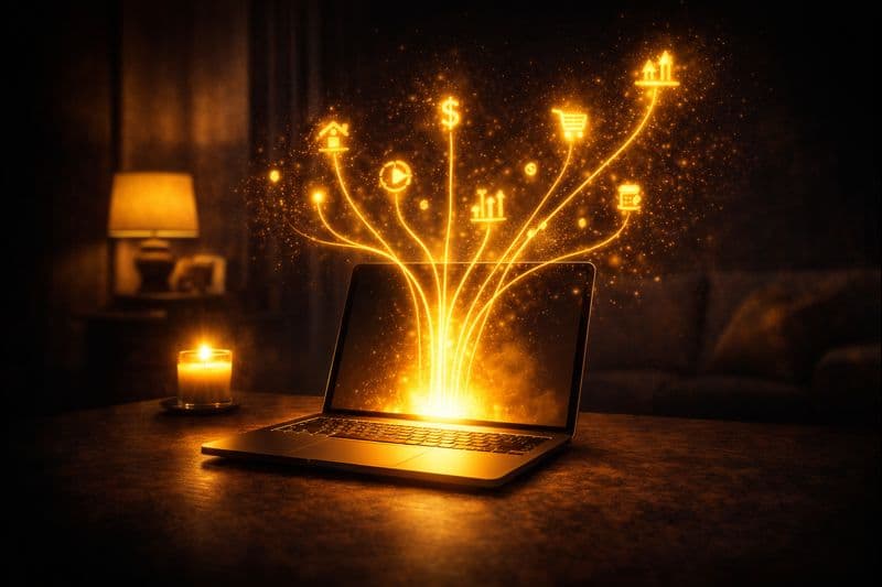 Laptop med gyllene ljus som symboliserar extra inkomster i Sverige