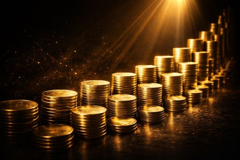 Abstrakt visualisering av ränta-på-ränta-effekten med gyllene mynt som växer exponentiellt