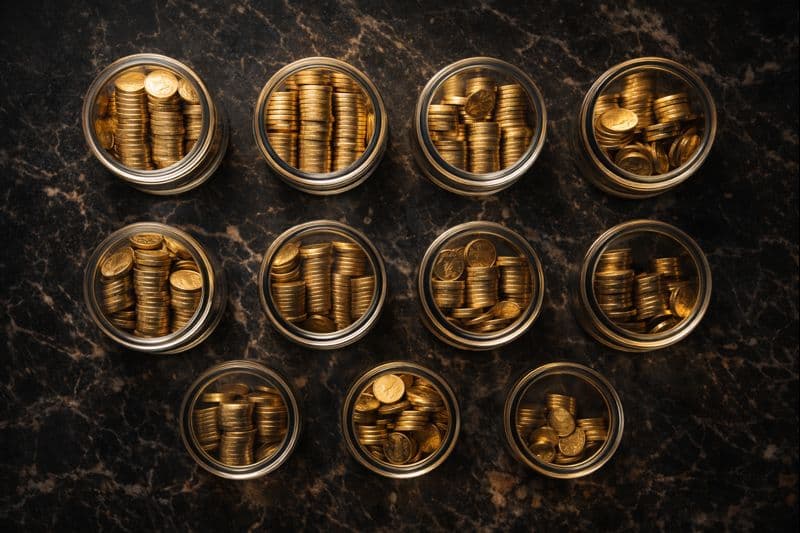 Organiserade guldmynt sorterade i glasburkar som symboliserar budgetsystem